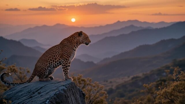 A cheetah stands on a termite mound, surveying the vast savanna panorama. 4k video