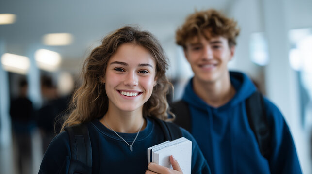 Smiling teenage classmates walking together in a bright school hallway, holding books and backpacks, casual conversation, natural lighting, friendly atmosphere