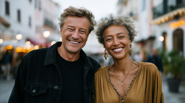 Smiling mature couple walking arm in arm down a charming city street, relaxed weekend vibe, stylish casual outfits, warm evening sunlight