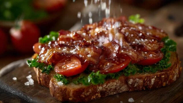 Savor a vibrant open-faced BLT on artisan bread, showcasing each ingredient in stunning detail.