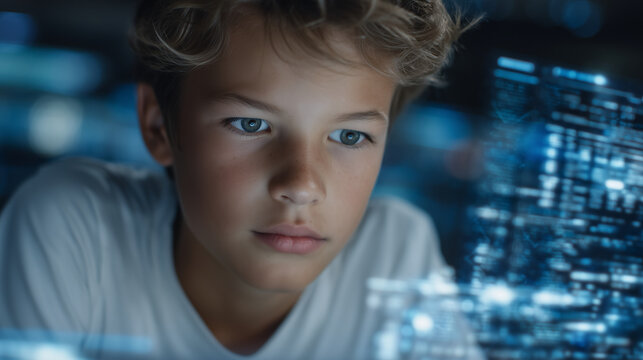 Young school student concentrating on coding with AI-powered software, futuristic classroom environment, interactive smartboards, glowing data streams, sleek tech design