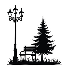 Fototapeta premium Black silhouette of a park scene with a lamp post bench and pine tree
