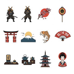 Collection of Japanese cultural symbols: samurai, Mt. Fuji, geisha, tea ceremony, and more.