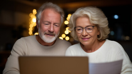 Elderly couple managing home finances together at the kitchen table, laptop open with documents and bills, focused expressions, cozy modern home interior with warm lighting