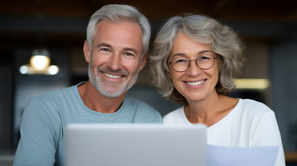 Senior man and woman reviewing financial paperwork on a laptop, discussing budgeting and expenses, casual clothes, bright and inviting kitchen environment
