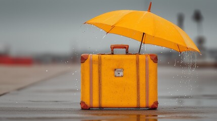 A vibrant yellow umbrella shelters a vintage suitcase on a rainy day, evoking a sense of adventure and nostalgia. Perfect for travel, lifestyle, and tourism promotions.
