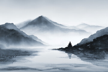 Japanese sumi-e ink painting of a tranquil mountain landscape with a solitary figure in meditation, symbolizing inner peace, mindfulness, and mental clarity,ink paint