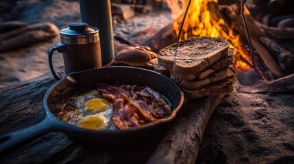 A cozy campfire scene featuring a skillet with eggs and bacon, surrounded by bread, a coffee flask, and a warm atmosphere.