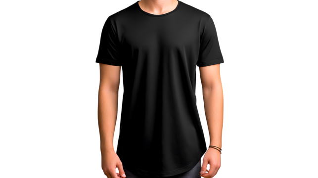 Longline black T-shirt with extended hem, on invisible mannequin, street fashion vibe, isolated on white background, sharp details