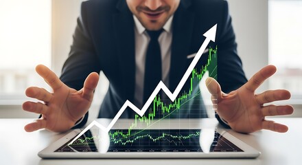 Businessman analyzing financial growth chart on digital tablet with upward trending graph and arrow