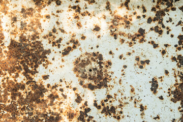Grunge background with a rusty metal plate and traces of old white and brown peeling paint