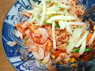 Korean Spicy cold noodles with shrimp and cucumber
