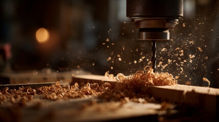 A close up of a drill press boring into a wooden plank with wood shavings flying