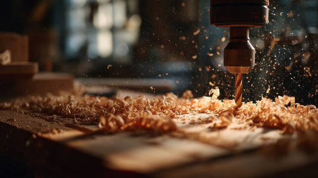 Close up of a drill press drilling into wood with wood shavings flying around it - Powered by Adobe