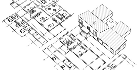 modern house sketch plan 3D illustration	

