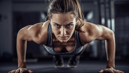 Strong Determined Female Athlete Doing Push Ups in Gym, Focused Fit Woman in Sportswear Training Upper Body Strength, Endurance, and Core Muscles for Fitness, Health, and Active Lifestyle Motivation