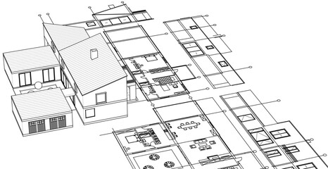 modern house sketch plan 3D illustration	
