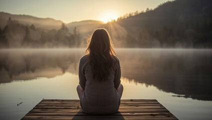 Woman Sitting on Wooden Dock Watching Sunrise Over Calm Lake with Misty Mountains and Forest Reflections, Peaceful Morning Nature Scene for Relaxation, Mindfulness, Serenity, and Travel Inspiration