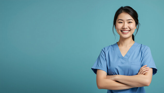 Confident Asian Female Nurse in Blue Scrubs Smiling with Arms Crossed, Professional Healthcare Worker Standing Against Solid Color Background for Medical, Hospital, and Wellness Concepts