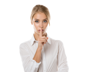 Young woman in white top conveys secrecy silently