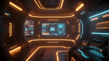 Futuristic AI Control Room with Neon Lighting and Advanced Interfaces