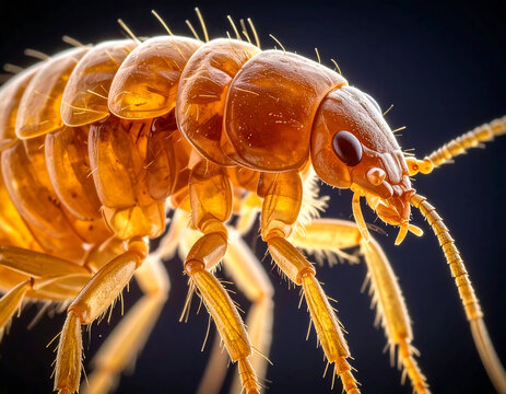 Highly detailed macro image of a louse under a microscope, showing intricate anatomy and texture