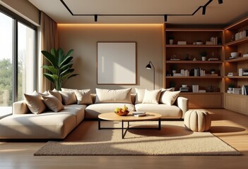 cozy living room modern decor interior design warm ambiance contemporary furniture cozy atmosphere, sofa, table, rug, lamp, book, shelf, curtain, pillow