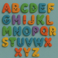 A cheerful and colorful set of alphabet letters with smiling faces, resembling handmade clay figures.