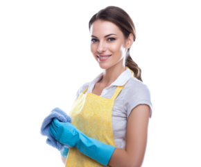 Happy woman in cleaning attire holding a cloth for home care