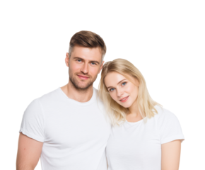 Happy couple smiling together in casual white shirts