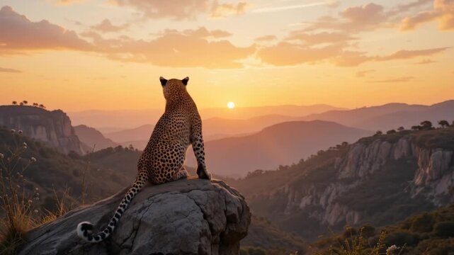 A cheetah stands on a termite mound, surveying the vast savanna panorama. 4k video