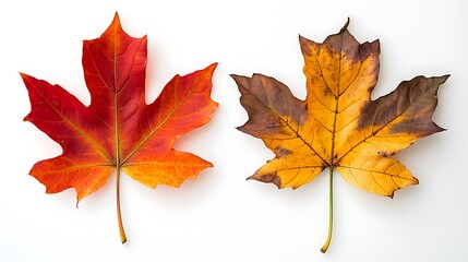 Fototapeta premium Two Autumn Leaves on Pure White Background: Left with Vibrant Red-Orange, Right with Yellow-Brown Mix Showing Decay, Both with Clear Outline, Visible Veins and Maple Leaf Lobed Shape