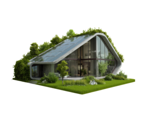 Modern eco friendly house design with solar panels and greenery