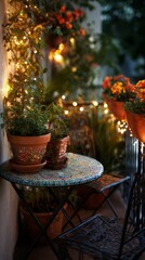 Fototapeta premium Outdoor balcony setting with string lights and potted plants.