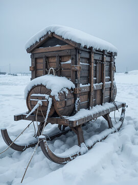 Traditional Inuit cargo sled or Komatik with a box on top and covered in snow, in the Kivalliq style, from Rankin Inlet, Nunavut, Canada
