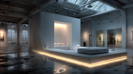 Minimalist display platform with soft lighting in a creative studio space 