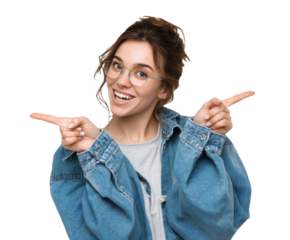 Joyful woman pointing with enthusiasm in casual outfit