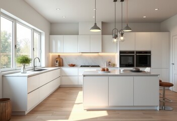 stylish renovated kitchen modern fixtures sophisticated design sleek cabinets bright lighting functional layout, island, appliances, countertop, dining, sink