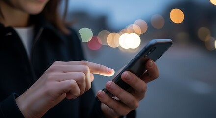 Woman using smartphone on city street at dusk with blurred bokeh lights in background