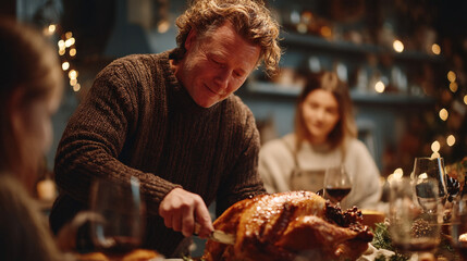 A man carving a turkey at a festive dinner table with family and christmas lights