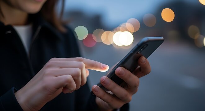 Woman using smartphone on city street at dusk with blurred bokeh lights in background