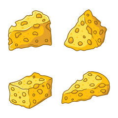 A set of vector illustrations of sliced cheese icons designed in a flat cartoon style isolated on a white background. Fresh Swiss cheese.