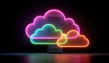 Neon cloud icons surround a server rack.  Colorful, glowing cloud shapes encircle a metallic server rack, set against a dark background.  The clouds are outlined with vibrant neon lights
