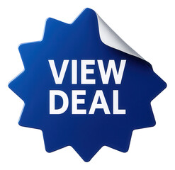 Blue starburst sticker with VIEW DEAL offer in bold lettering, striking retail promo announcement on transparent background.
