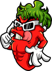 Spicy Chili Pepper Mascot with Crazy Hair and Sunglasse