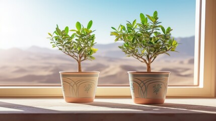 Obraz premium potted_plant, two_citrus_trees, large_window, sunny_day, indoor_setting, wooden_windowsill, natural_light, green_leaves, terracotta_pots 