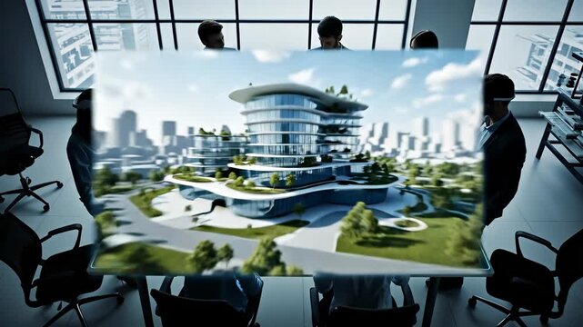 Female engineer wearing AR goggles examining a blueprint of a building design. Technological progress and architectural innovation visualized. Augmented reality, digital workspace, futuristic building