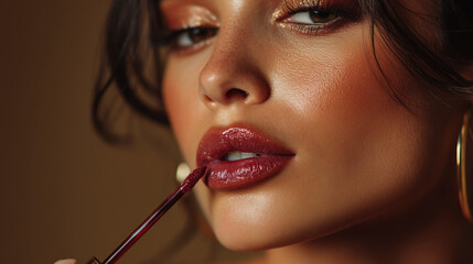 Close up of a woman applying dark red lip gloss with a brush in a beauty shot