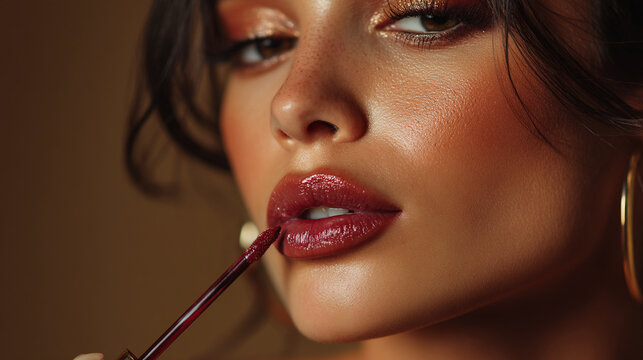 Close up of a woman applying dark red lip gloss with a brush in a beauty shot