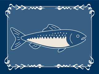Blue Vintage Fish Illustration. Graphic Retro Style Sea Food Fish Animal Art. Cafe Restaurant Menu Print. Mediterranean Coastal Life Style. Ocean Resort Travel vacation Holiday Decoration. Lace Frame.